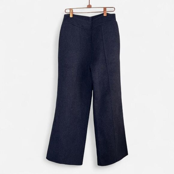 Wool-Style Chic Light Navy Flared Pants – Wide Leg Tailored Trousers small NEW - Picture 3 of 7